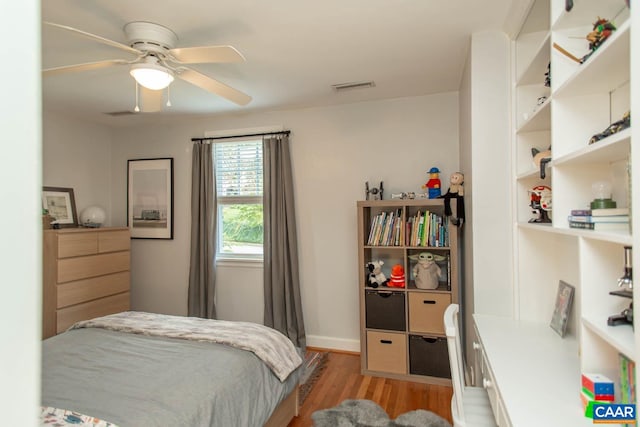 bedroom featuring ceiling fan and light hardwood / wood-style flooring