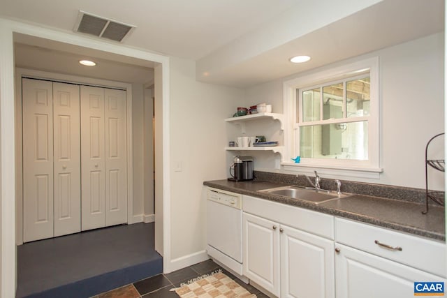 kitchen featuring dark tile patterned floors, white cabinetry, sink, and white dishwasher