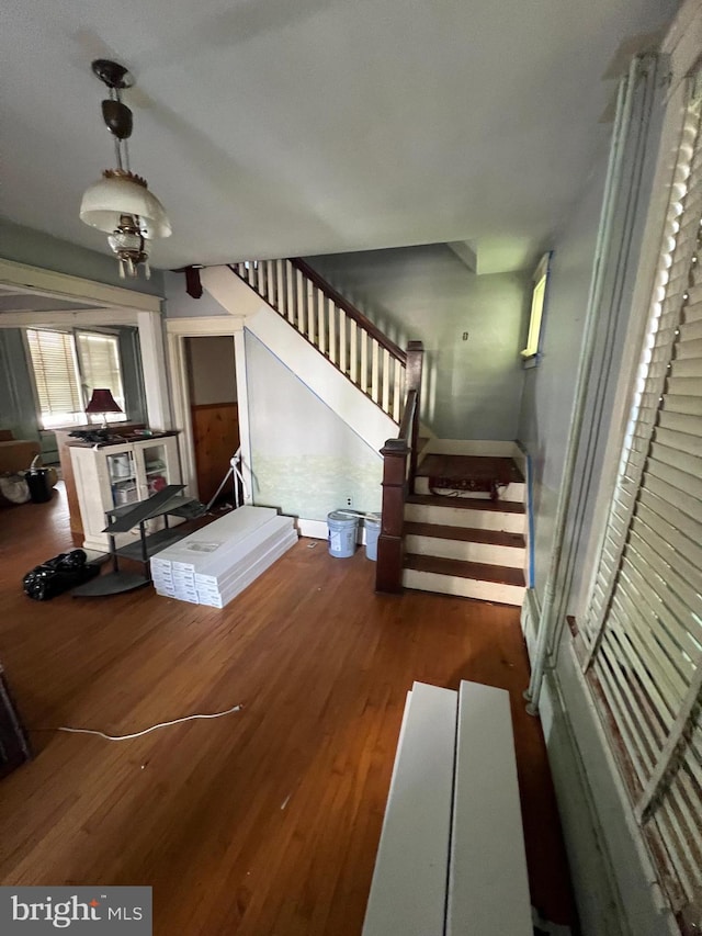 staircase with hardwood / wood-style flooring