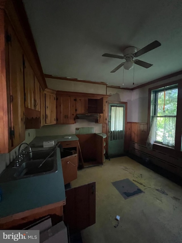 kitchen with wooden walls, ornamental molding, sink, light colored carpet, and ceiling fan