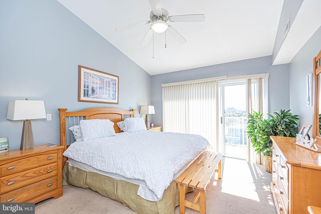 bedroom with lofted ceiling, access to exterior, light colored carpet, and ceiling fan