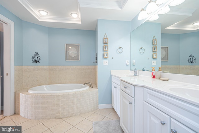 bathroom featuring vanity, crown molding, a relaxing tiled tub, and tile patterned flooring