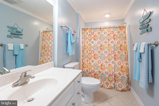 bathroom featuring toilet, ornamental molding, vanity, and tile patterned flooring