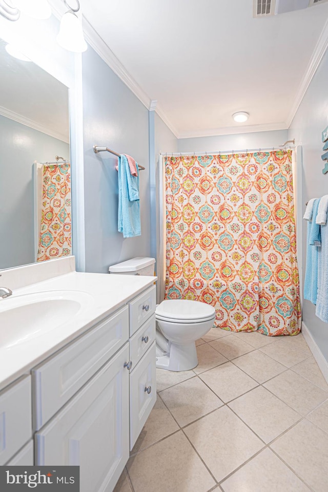 bathroom featuring toilet, vanity, crown molding, curtained shower, and tile patterned floors