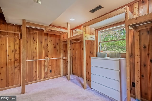 walk in closet with light colored carpet