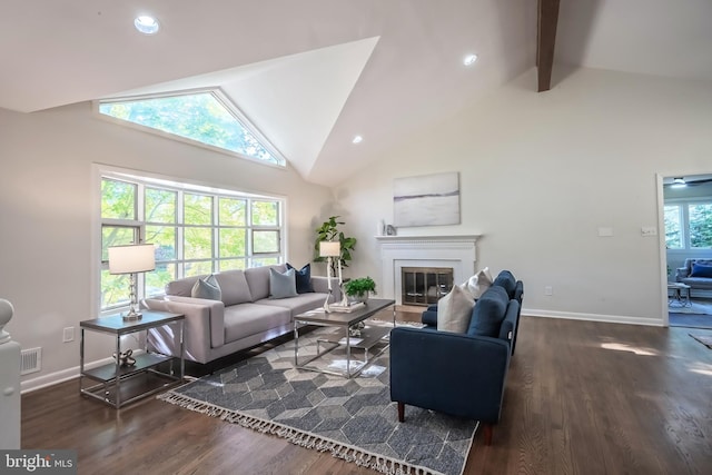 living room with beam ceiling, high vaulted ceiling, and dark hardwood / wood-style flooring