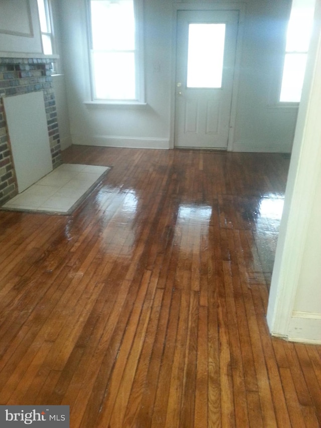 interior space with dark wood-type flooring, a healthy amount of sunlight, and a fireplace