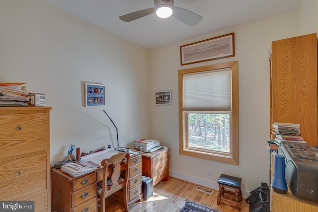 office featuring light hardwood / wood-style floors and ceiling fan