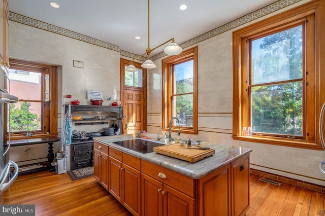 kitchen with light hardwood / wood-style flooring, decorative light fixtures, and a center island