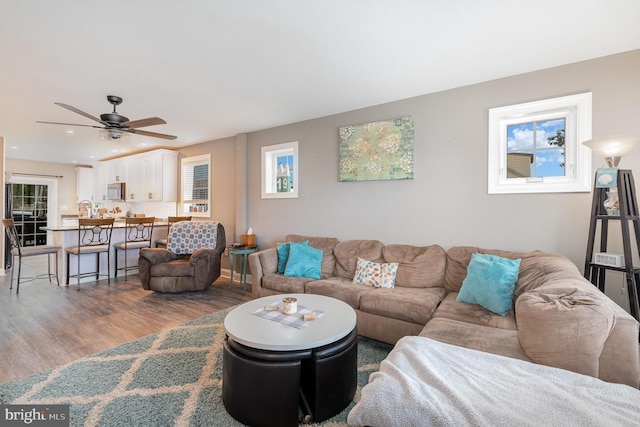 living room featuring hardwood / wood-style flooring, ceiling fan, and a wealth of natural light