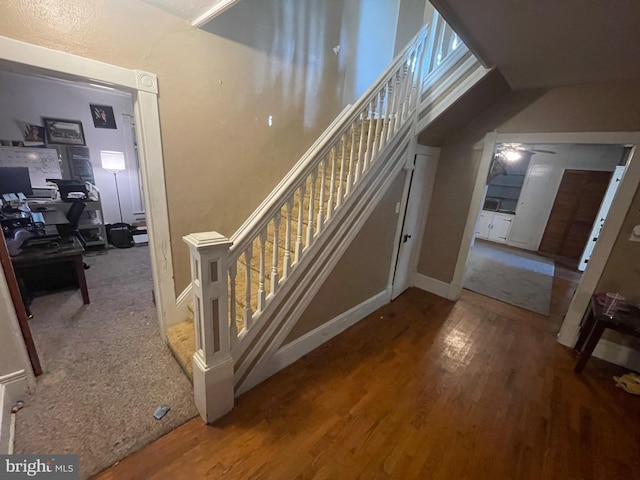 staircase with ceiling fan and hardwood / wood-style floors