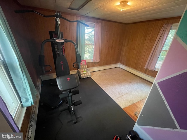 workout room with baseboard heating, hardwood / wood-style flooring, and wooden walls