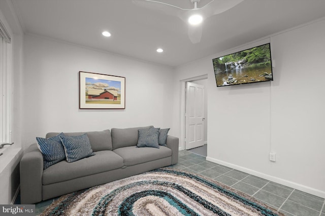 tiled living room with crown molding