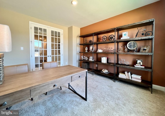 office area with french doors and carpet flooring