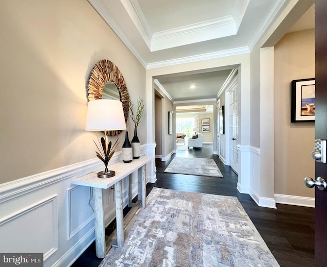 hall featuring crown molding and dark hardwood / wood-style floors