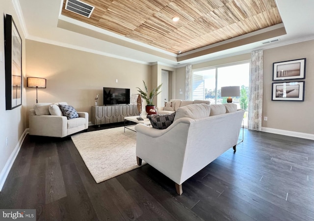 living room with dark hardwood / wood-style flooring, wood ceiling, ornamental molding, and a raised ceiling