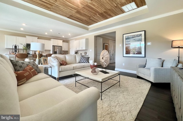 living room featuring light hardwood / wood-style floors, a raised ceiling, wooden ceiling, and ornamental molding