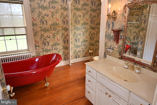 bathroom with a bathtub, a wealth of natural light, hardwood / wood-style floors, and vanity