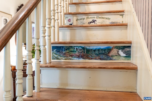 stairway with hardwood / wood-style flooring