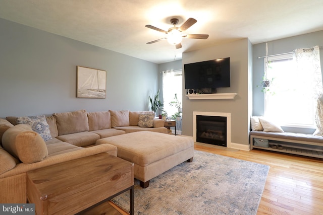 living room with light hardwood / wood-style floors, a healthy amount of sunlight, and ceiling fan