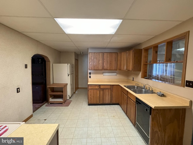 kitchen featuring black dishwasher, sink, a drop ceiling, and white refrigerator