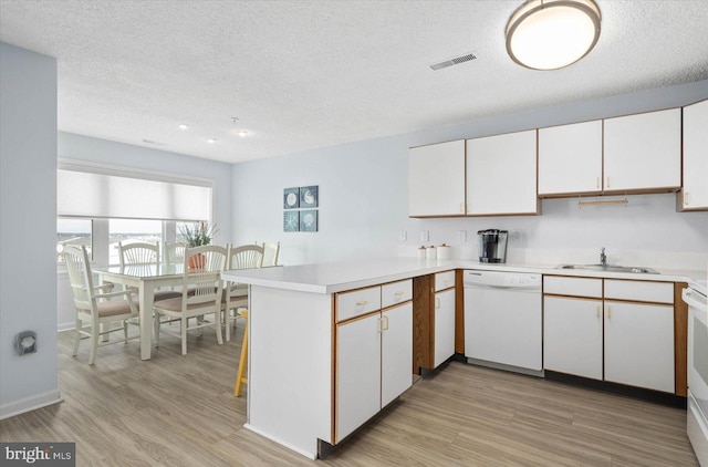 kitchen with sink, white cabinets, kitchen peninsula, and white appliances