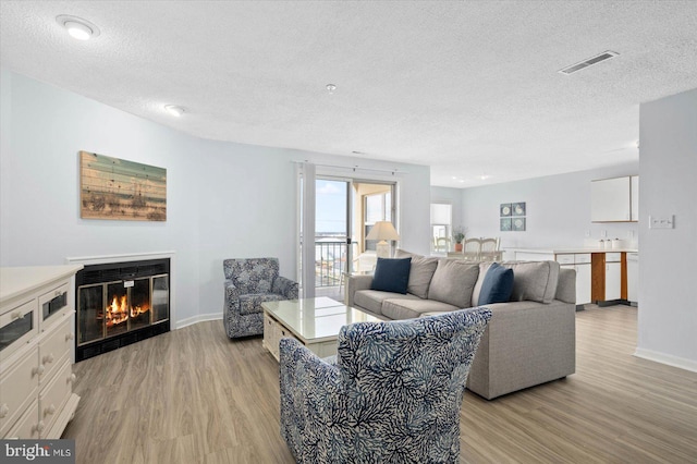 living room featuring light hardwood / wood-style floors and a textured ceiling