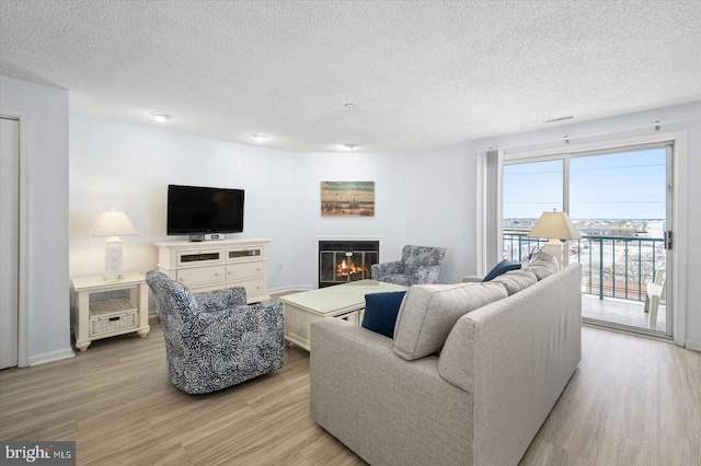 living room with a textured ceiling and light hardwood / wood-style flooring