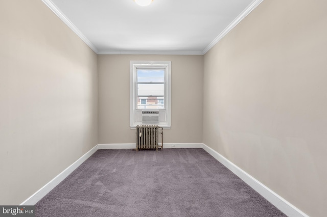 carpeted empty room featuring crown molding, cooling unit, and radiator heating unit