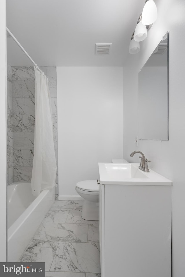 full bathroom featuring vanity, toilet, and shower / bathtub combination with curtain