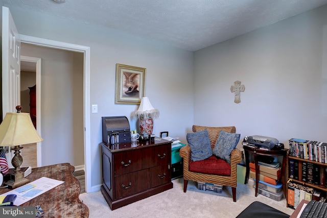 living area featuring light carpet and a textured ceiling