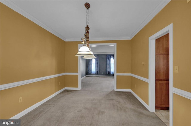 unfurnished dining area with crown molding and light colored carpet