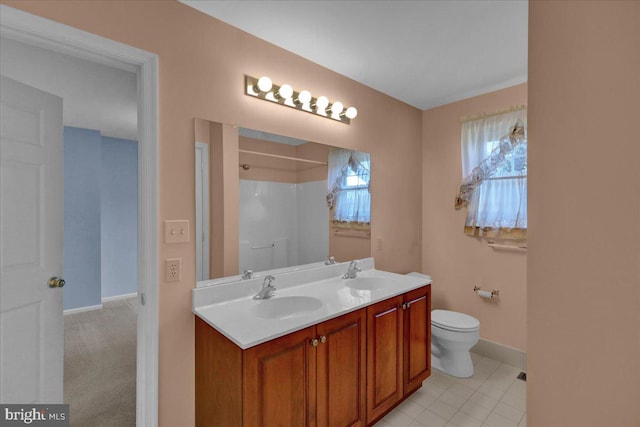 bathroom with vanity, toilet, and tile patterned flooring