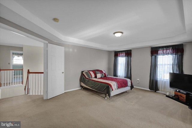 bedroom featuring a tray ceiling and carpet flooring