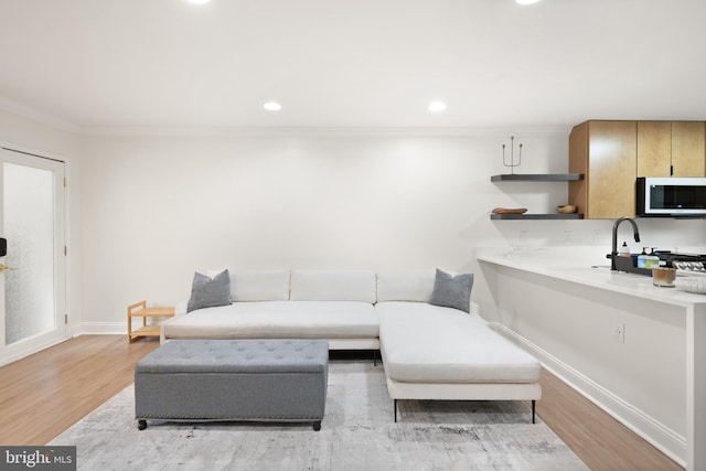 living area featuring ornamental molding, light wood finished floors, and recessed lighting