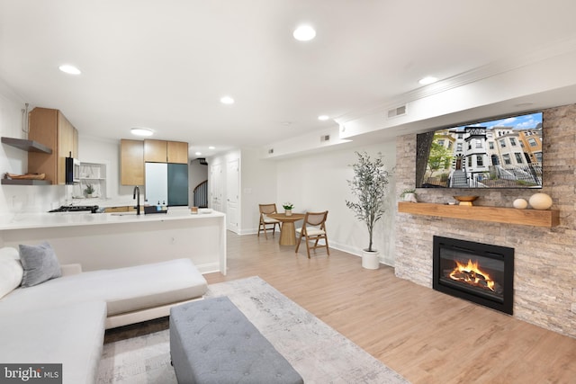 living room with a stone fireplace and light hardwood / wood-style floors