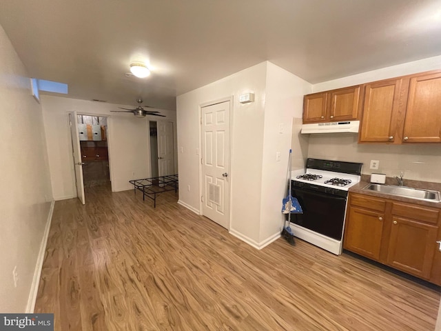 kitchen featuring light wood-style flooring, range with gas cooktop, a sink, a ceiling fan, and under cabinet range hood