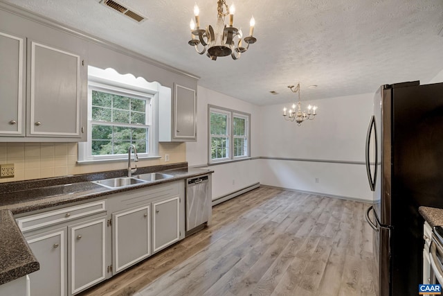 kitchen featuring a healthy amount of sunlight, appliances with stainless steel finishes, sink, and hanging light fixtures