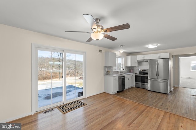 kitchen with sink, white cabinets, decorative backsplash, light hardwood / wood-style floors, and stainless steel appliances