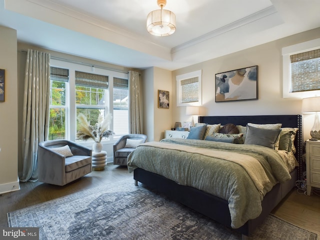 bedroom with multiple windows, crown molding, a raised ceiling, and dark hardwood / wood-style flooring