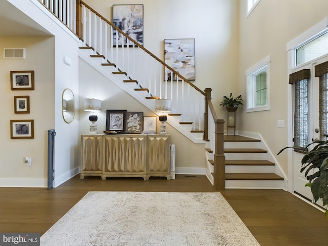 foyer with a towering ceiling, a healthy amount of sunlight, and dark wood-type flooring