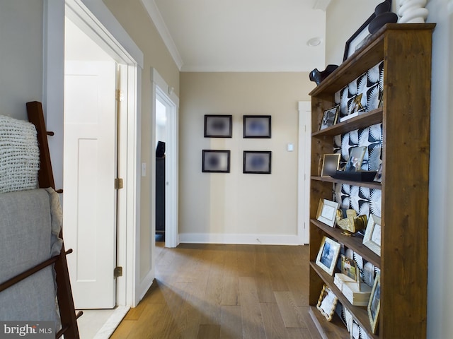 hallway featuring light hardwood / wood-style flooring and crown molding