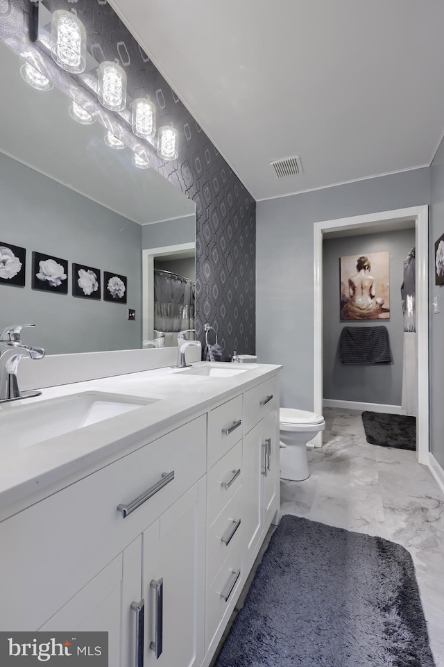 bathroom with vanity, toilet, and walk in shower