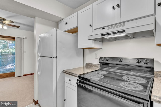 kitchen with white cabinets, ceiling fan, black electric range, light colored carpet, and white refrigerator