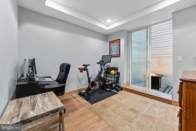 home office with hardwood / wood-style flooring and a raised ceiling