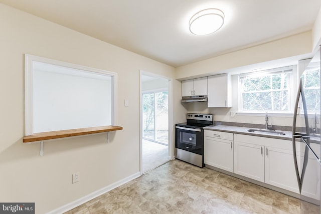 kitchen featuring white cabinetry, a healthy amount of sunlight, stainless steel range with electric cooktop, and sink