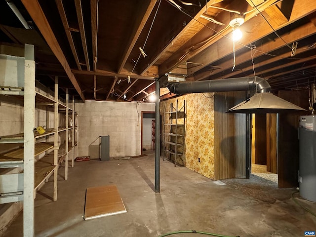 unfinished below grade area featuring water heater