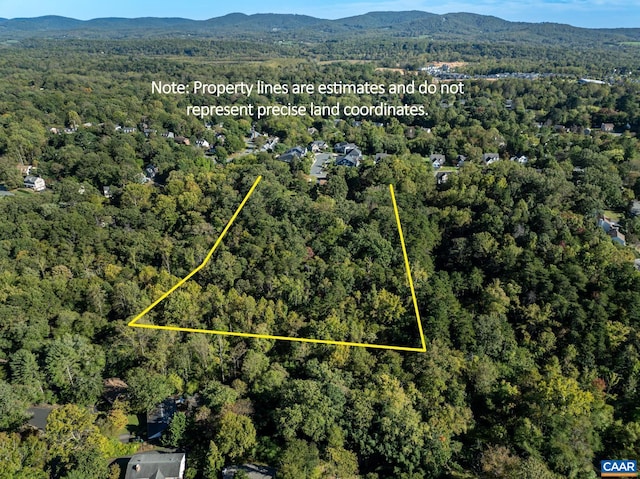 birds eye view of property featuring a view of trees and a mountain view