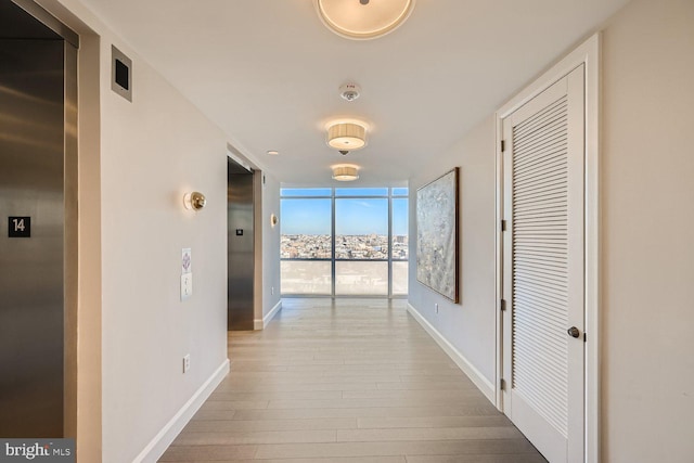 hallway featuring light hardwood / wood-style floors and floor to ceiling windows