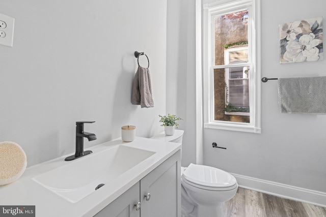 bathroom with vanity, hardwood / wood-style floors, and toilet